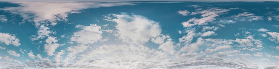 Sunset sky with bright glowing pink Cumulus clouds. Seamless spherical HDR 360 panorama. Full zenith or sky dome in 3D, sky replacement for aerial drone panoramas. Climate and weather change.