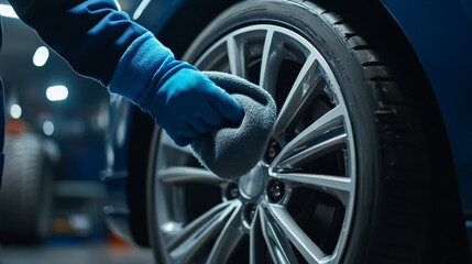 Cleaning car wheel with microfiber cloth