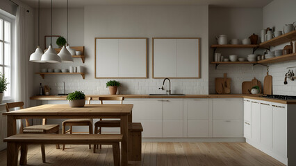 Three small blank white canvas with wooden frames on shelf in cottage house kitchen