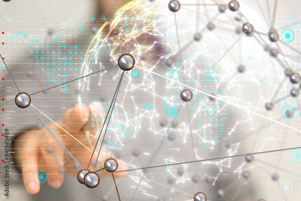 Poster Neural network 3D illustration. Big data and cybersecurity