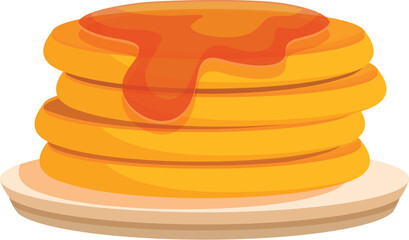 Stack of golden brown pancakes is sitting on a plate, drenched in sweet syrup