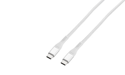 White cable for charging and synchronization with Type - C, USB, Micro USB, Lightning connectors on...