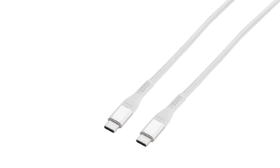 White cable for charging and synchronization with Type - C, USB, Micro USB, Lightning connectors on a white background close-up