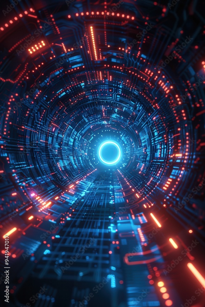 Poster futuristic sci-fi digital tunnel with glowing lights, abstract technology background depicting advan