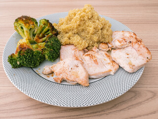 A balanced meal with grilled chicken breast, quinoa, and roasted broccoli. Served on a polka-dotted plate on a wooden table, showcasing a nutritious and appetizing dish.