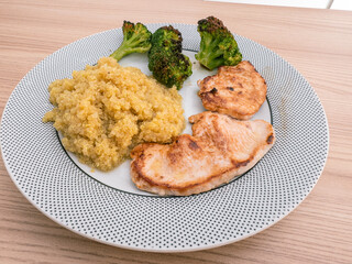 A balanced dish with grilled chicken breast, roasted broccoli, and a portion of quinoa. Presented on a black-and-white dotted plate on a light wooden table, highlighting a healthy and nutritious meal.