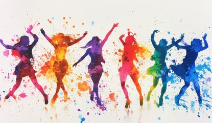 Abstract background with silhouettes of people dancing and having fun, watercolor splashes, colorful splash painting Generative AI