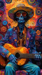 Obraz premium A vibrant skeleton wearing a hat and sunglasses plays a guitar, set against a psychedelic, colorful background filled with abstract patterns. 
