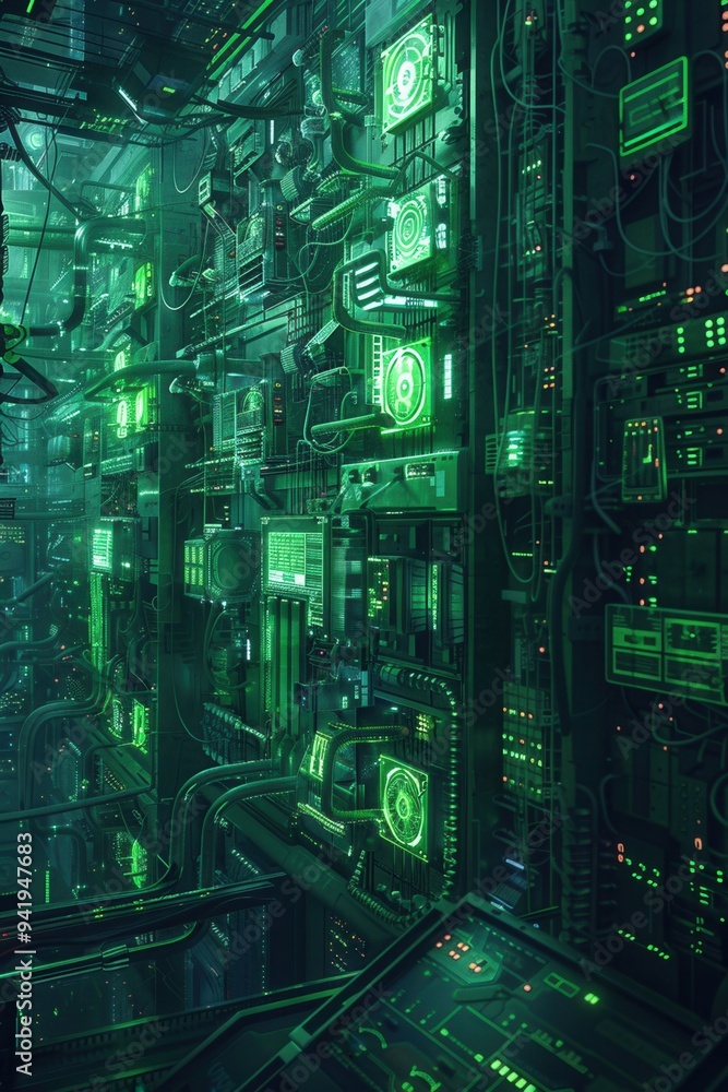 Poster futuristic server room with glowing green lights, complex computer hardware, and intricate network c