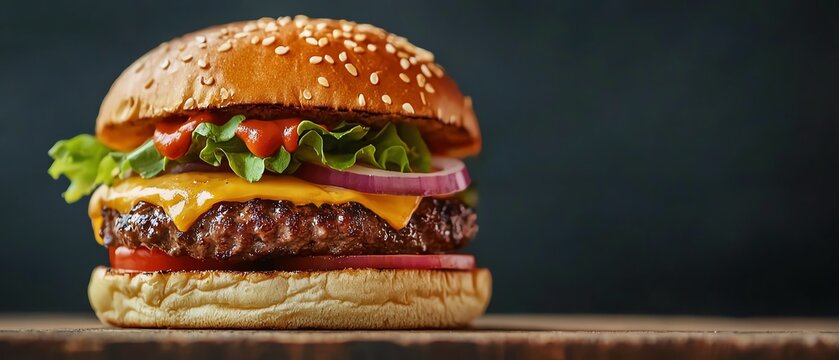 Juicy burger with a perfectly seared patty, layers of fresh toppings, and a soft bun, close-up, rich colors