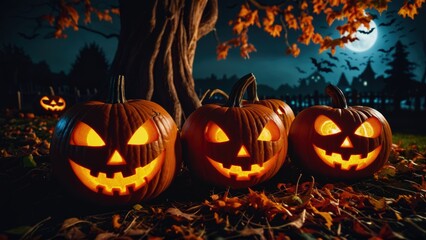 Fototapeta premium Halloween jack-o-lantern pumpkins glowing under a full moon in a dark forest