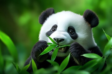 Fototapeta premium An illustration of a panda bear peacefully eating bamboo in a tranquil forest, with soft, green tones and gentle shading