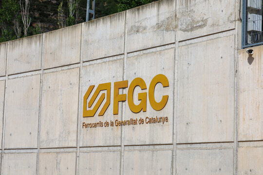 Catalonia, Spain on May 21, 2024: The FGC Ferrocarrils de la Generalitat de Catalunya (railways of the generality of Catalonia) sign at the Montserrat Rack Raiway station in Spain.