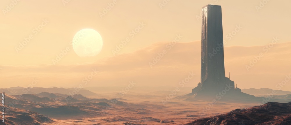 Aufkleber a large building is in the middle of a desert with a large sun in the background