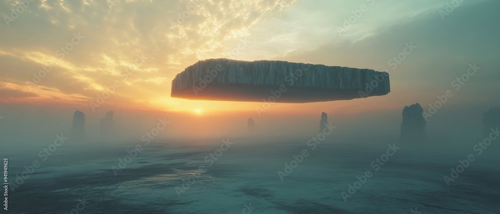 Poster a large object is floating in the sky above a foggy landscape