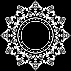 Black and white Round ornament damask.round damask frame design.Ethnic plant circle, border. Frame flower and leaves ring