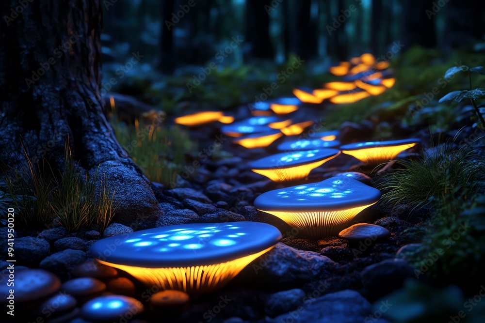 Poster an enchanted forest illustration where mushrooms glow softly in the dark, leading a path through the