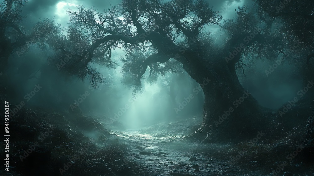 Poster a misty forest path leading to a large, ancient tree with moonlight shining through the branches.