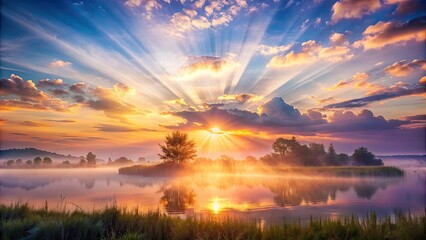 Obraz premium Tranquil Dawn's Radiance: A peaceful and uplifting scene, with soft, glowing beams of light, warm pastel hues, and ethereal, wispy textures.