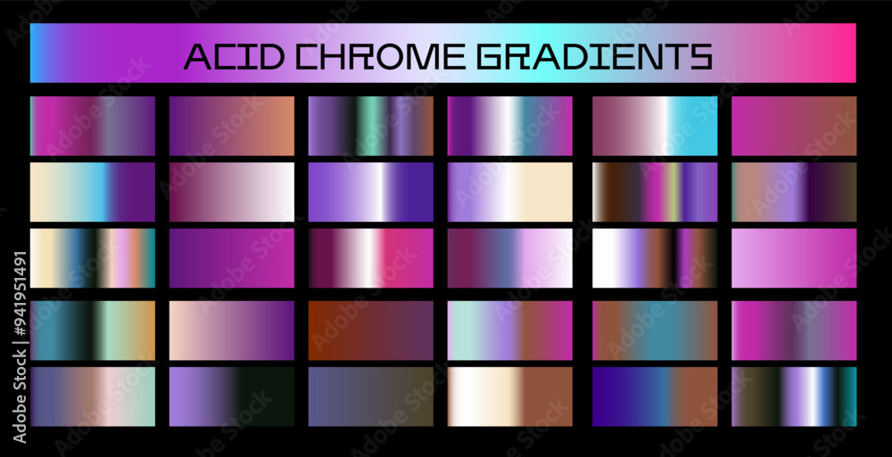 Poster chrome gradients of holographic colors for vector art and design. retrowave style palette.
