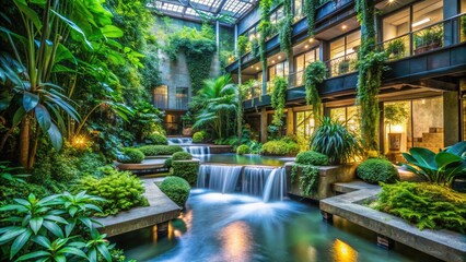 Tranquil Garden Factory: Verdant plants, flowing water, soft lighting, muted greens and blues, serene atmosphere.