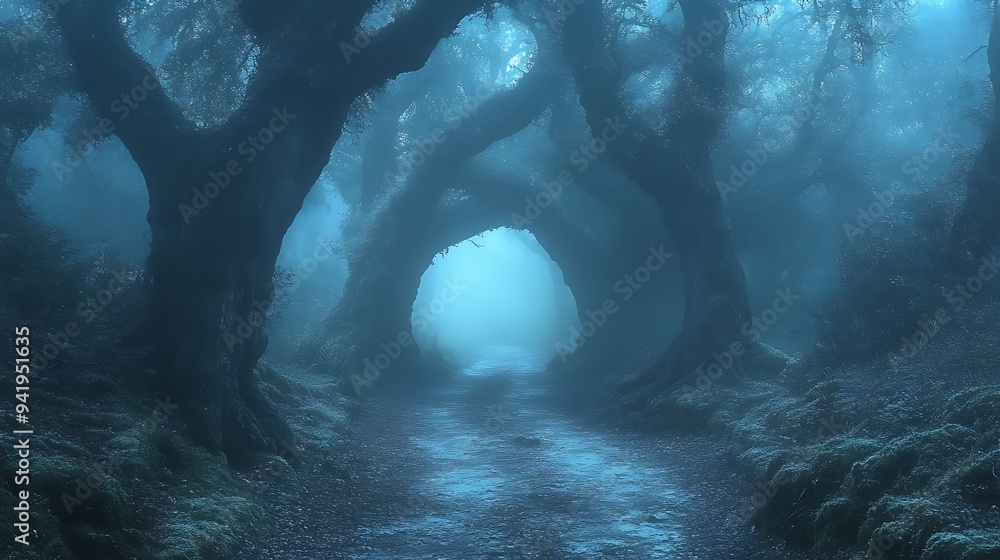 Aufkleber a misty forest path leads to a light in the distance, creating an ethereal and mysterious scene.