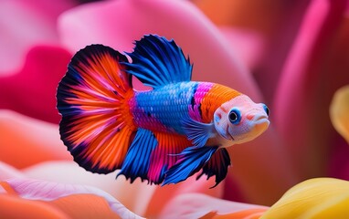 Fototapeta premium Create a close-up, vibrant, and colorful image of a betta with intricate skin details. The betta should have a mix of bright blue, pink, and orange hues, with expressive, bulging eyes staring 