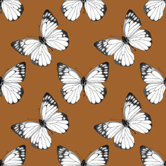 Seamless pattern of realistic butterfly. Hand drawn illustration. Animal motif. Black and white. Painted butterflies elements on brown background. For fabric, wrapping paper, textile, design, banner