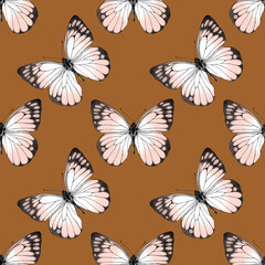 Seamless pattern of realistic pink butterfly. Hand drawn illustration. Animal motif. Painted butterflies elements on brown background. For fabric, wrapping paper, textile, design, banner