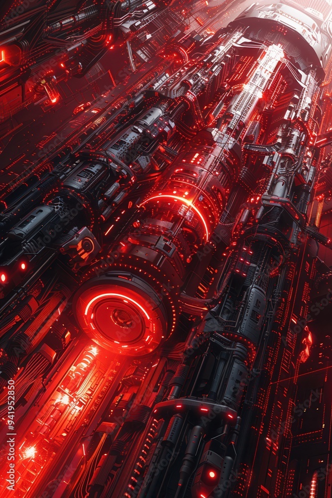 Poster intricate futuristic machinery with glowing red lights creating a high-tech, sci-fi atmosphere. conc