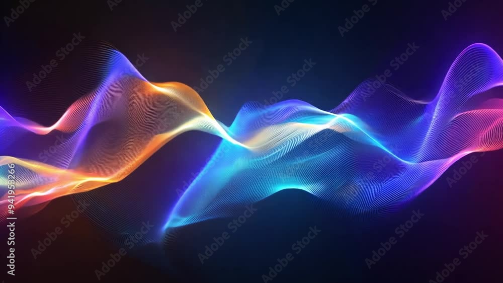 Poster colorful waves of light flow smoothly, creating a mesmerizing display of vibrant hues against a dark