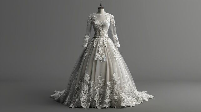 A long, white lace wedding dress with a sweetheart neckline and long sleeves, on a mannequin against a grey background.