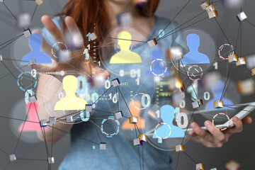 holding 3D rendering group of blue people