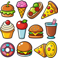 Set of 16 Realistic Food Icons on White Background, Equally Spaced