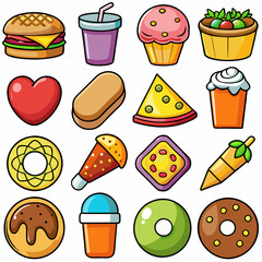 Set of 16 Realistic Food Icons on White Background, Equally Spaced
