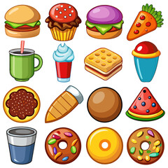 Set of 16 Realistic Food Icons on White Background, Equally Spaced