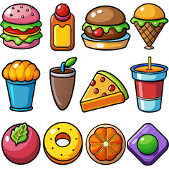 Set of 16 Realistic Food Icons on White Background, Equally Spaced