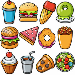 Set of 16 Realistic Food Icons on White Background, Equally Spaced