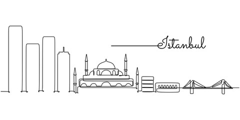 Fototapeta premium Continuous one single line drawing of istanbul Turkey skyline. Minimalist design vector illustration