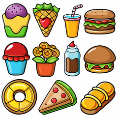 Set of 16 Realistic Food Icons on White Background, Equally Spaced