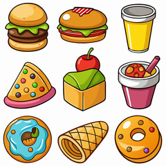 Set of 16 Realistic Food Icons on White Background, Equally Spaced