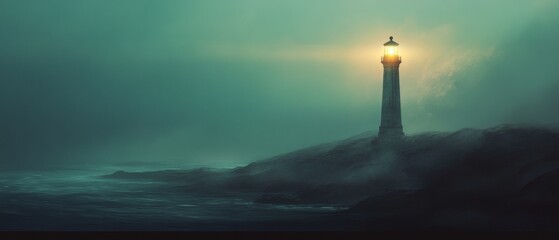A lighthouse is lit up in the dark, with the water in the background © CYBERPINK