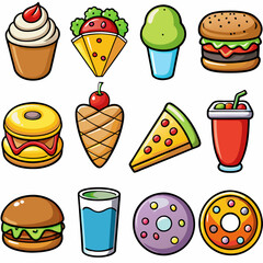 Set of 16 Realistic Food Icons on White Background, Equally Spaced