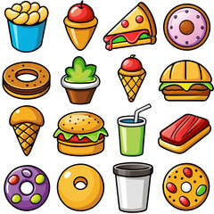 Set of 16 Realistic Food Icons on White Background, Equally Spaced