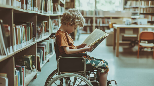 a disabled school student in a wheelchair reading a book in a library. Young boy with disability learning in a classroom. Inclusion and diversity in education concept