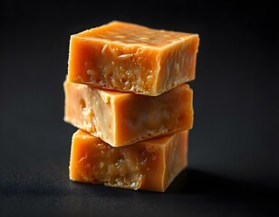 a stack of three caramel squares isolated on a black background create with ai