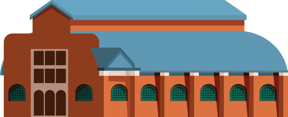 Large brick building with arched windows and a blue roof, useful to illustrate concepts such as industry, commerce or architecture