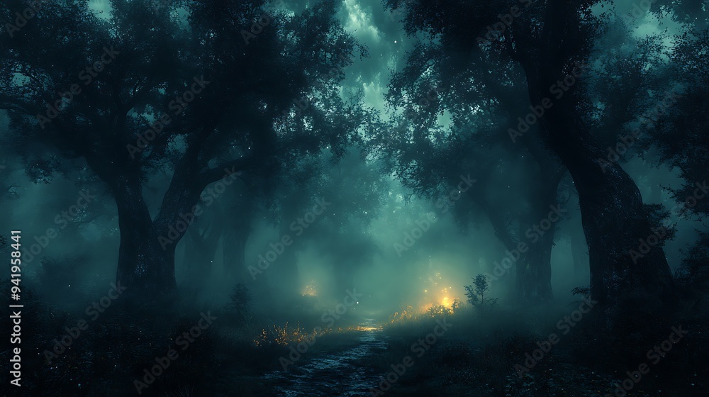 Poster a mysterious path through a dense, fog-filled forest at night, illuminated by a faint light in the d
