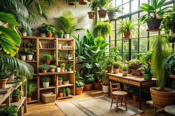 Tropical Oasis Archive: Lush greenery, natural light, exotic storage designs, vibrant and refreshing.