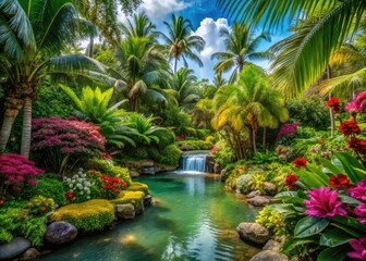 Tropical Oasis Garden: Serene, lush, vibrant greens, flowing water, blooming flowers, palm trees